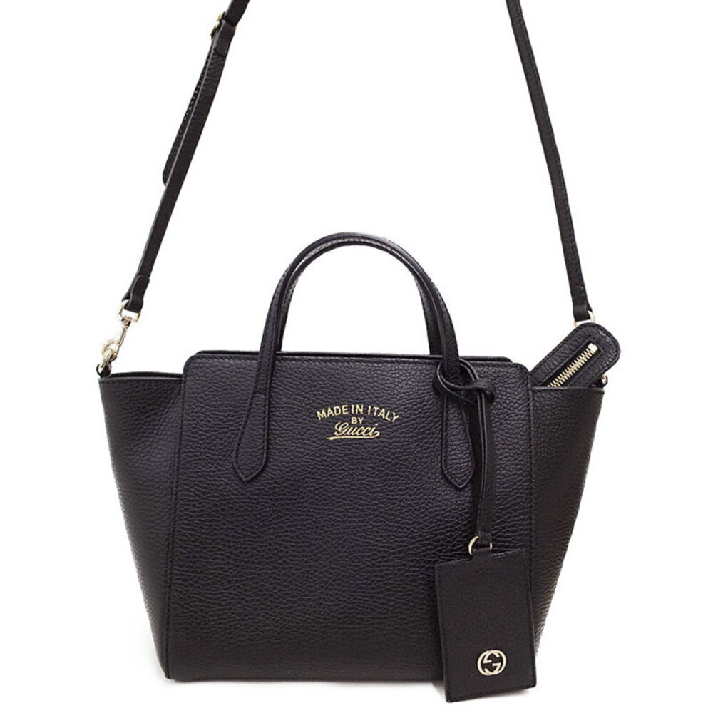 Gucci Swing Top Handle 2way Tote Shoulder Bag pebbled leather Black
